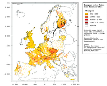 Mapa Europa niveles de radon
