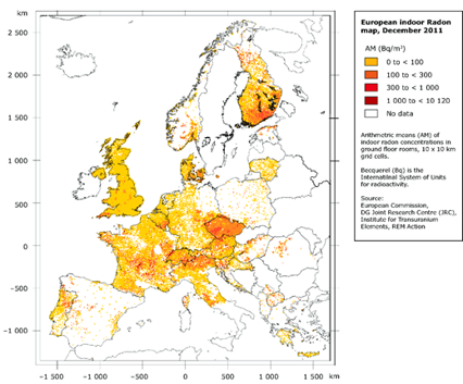 card of Europe, high radon concentrations